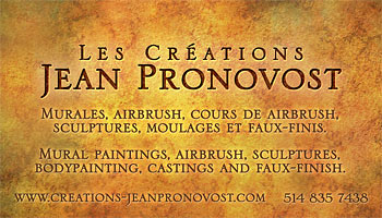 Business card design for Jean Pronovost's mural paintings, airbrush, sculptures and molding company in Montreal.